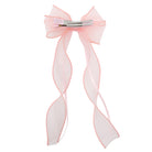 Pink organza double ribbon clip, styled as a large bow with long flowing sheer ribbons, secured by a metal alligator clip.