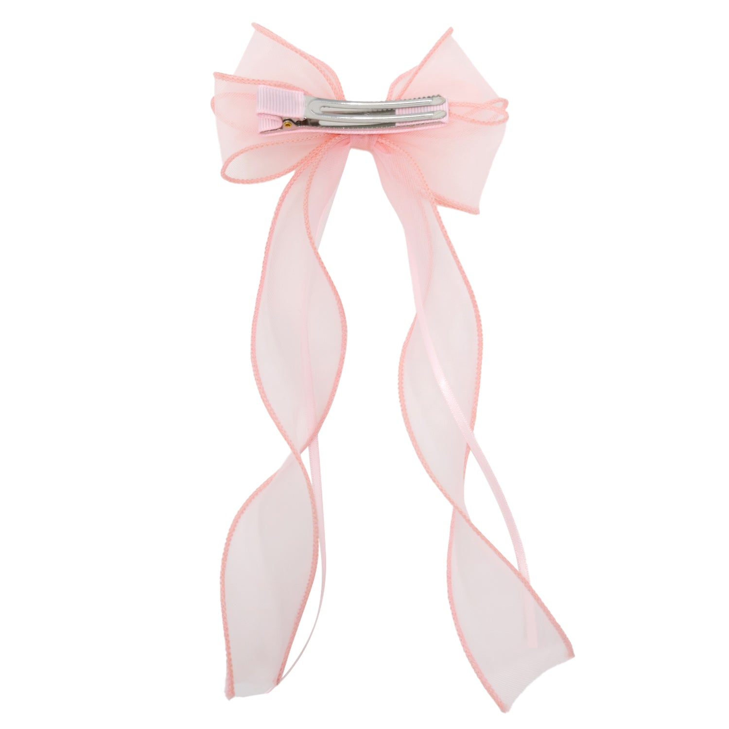 Pink organza double ribbon clip, styled as a large bow with long flowing sheer ribbons, secured by a metal alligator clip.