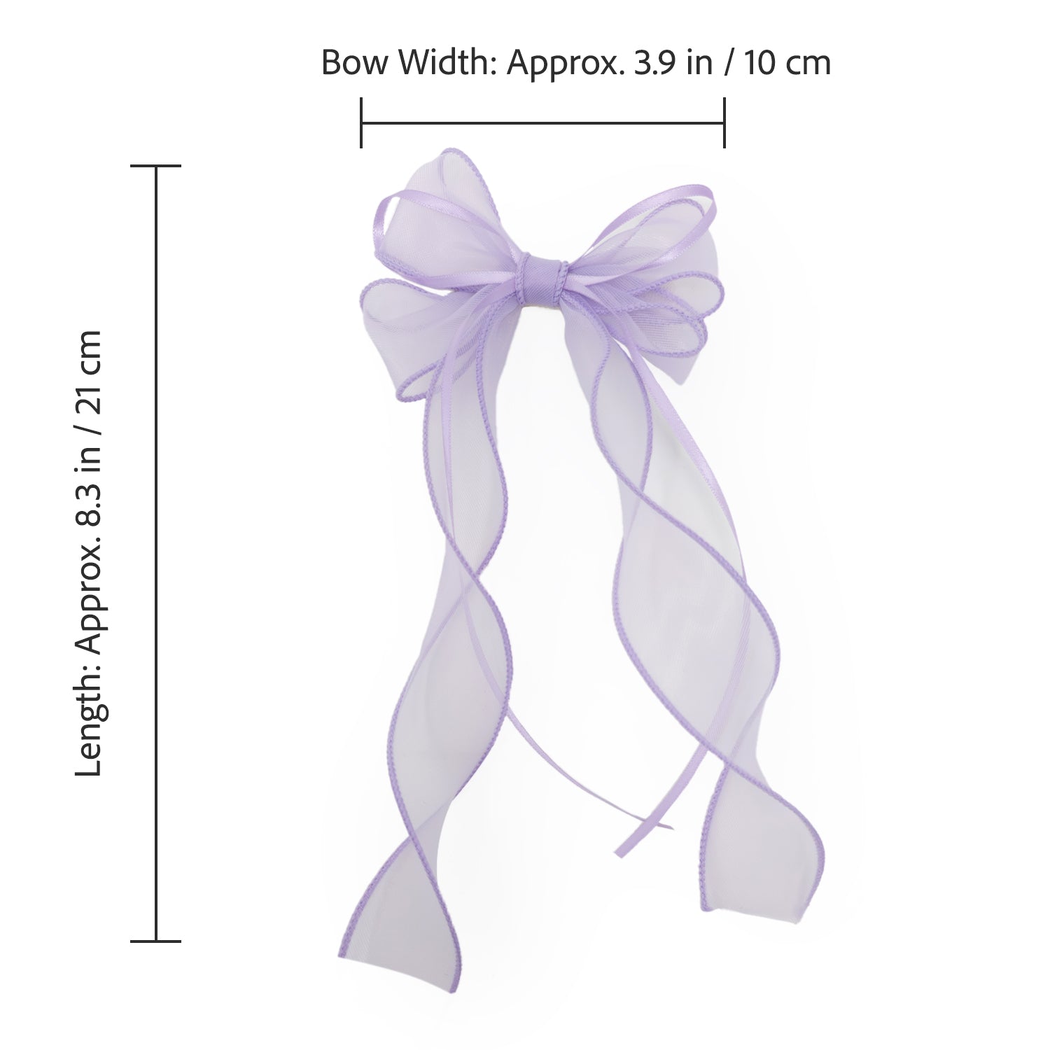 Light purple organza double ribbon clip shaped into a bow with flowing tails, measuring 8.3 inches long and 3.9 inches wide.