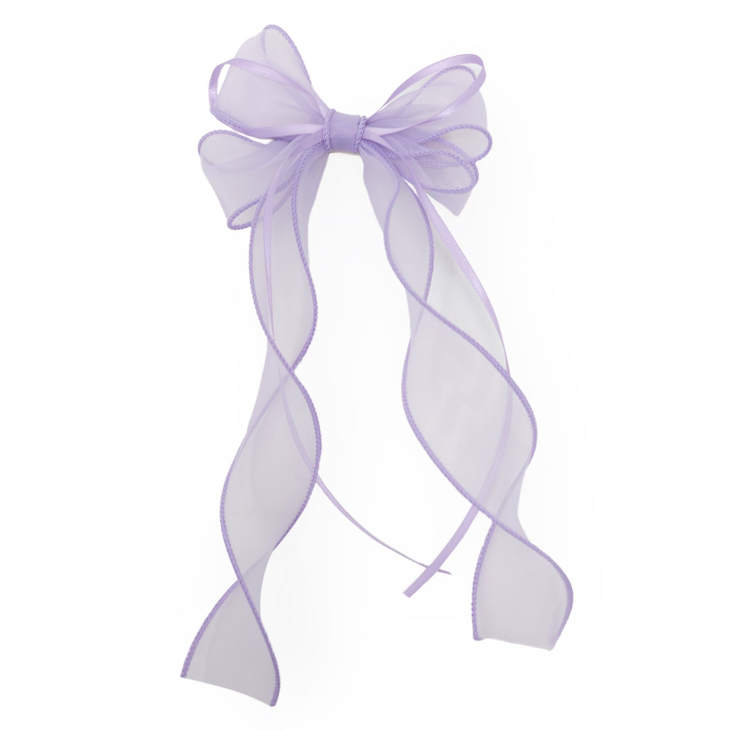 Lavender organza double ribbon clip, sheer with wired wavy edges and flowing tails.