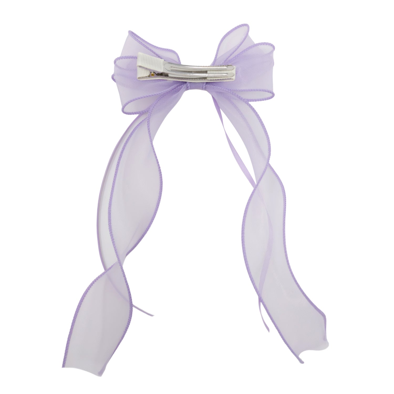 Light purple sheer organza double ribbon clip with a silver alligator clip on the back, featuring two long, wavy ribbons.