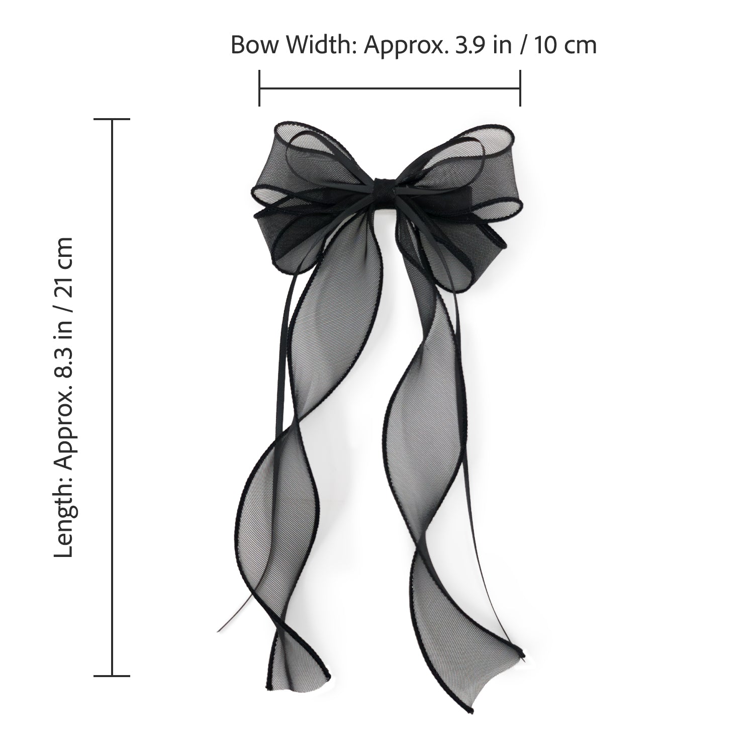 Black organza double ribbon clip, tied as a sheer bow with long, flowing tails.