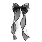 Black organza double ribbon clip, featuring a sheer bow with two long, wavy, flowing tails.