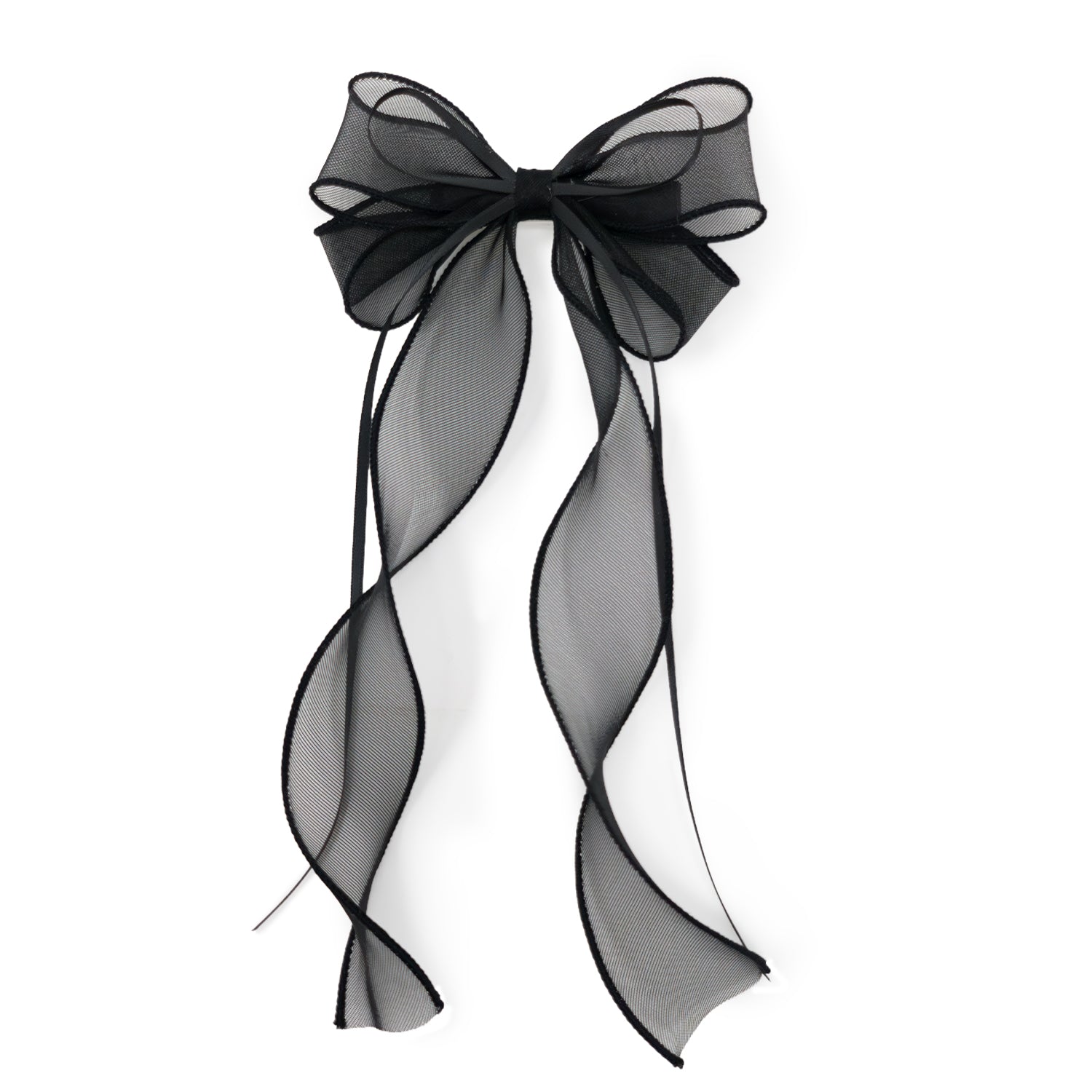 Black organza double ribbon clip, featuring a sheer bow with two long, wavy, flowing tails.