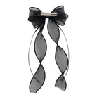 Black sheer organza double ribbon clip featuring long, wavy ribbons and a silver metal hair clip.
