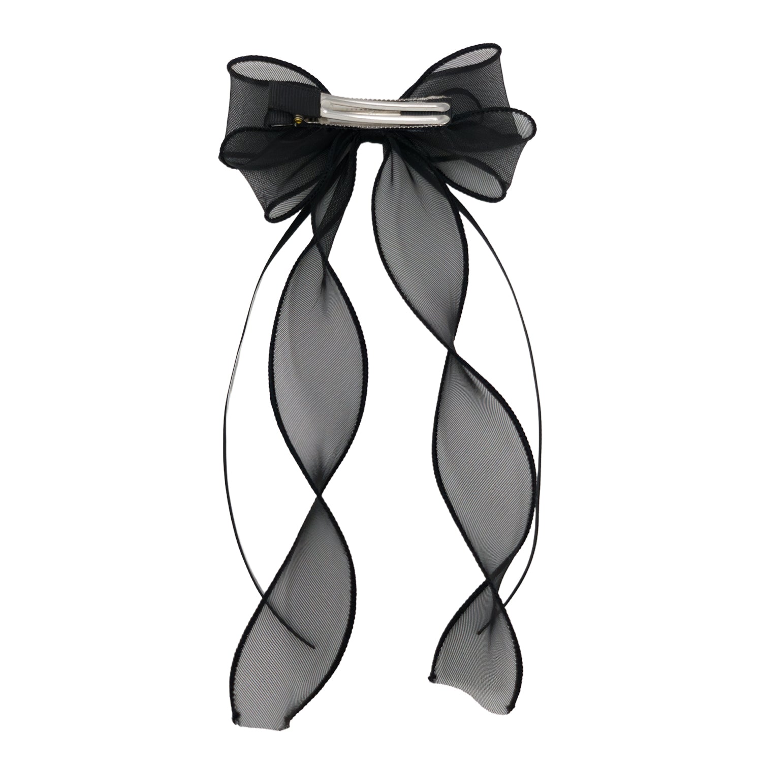 Black sheer organza double ribbon clip featuring long, wavy ribbons and a silver metal hair clip.
