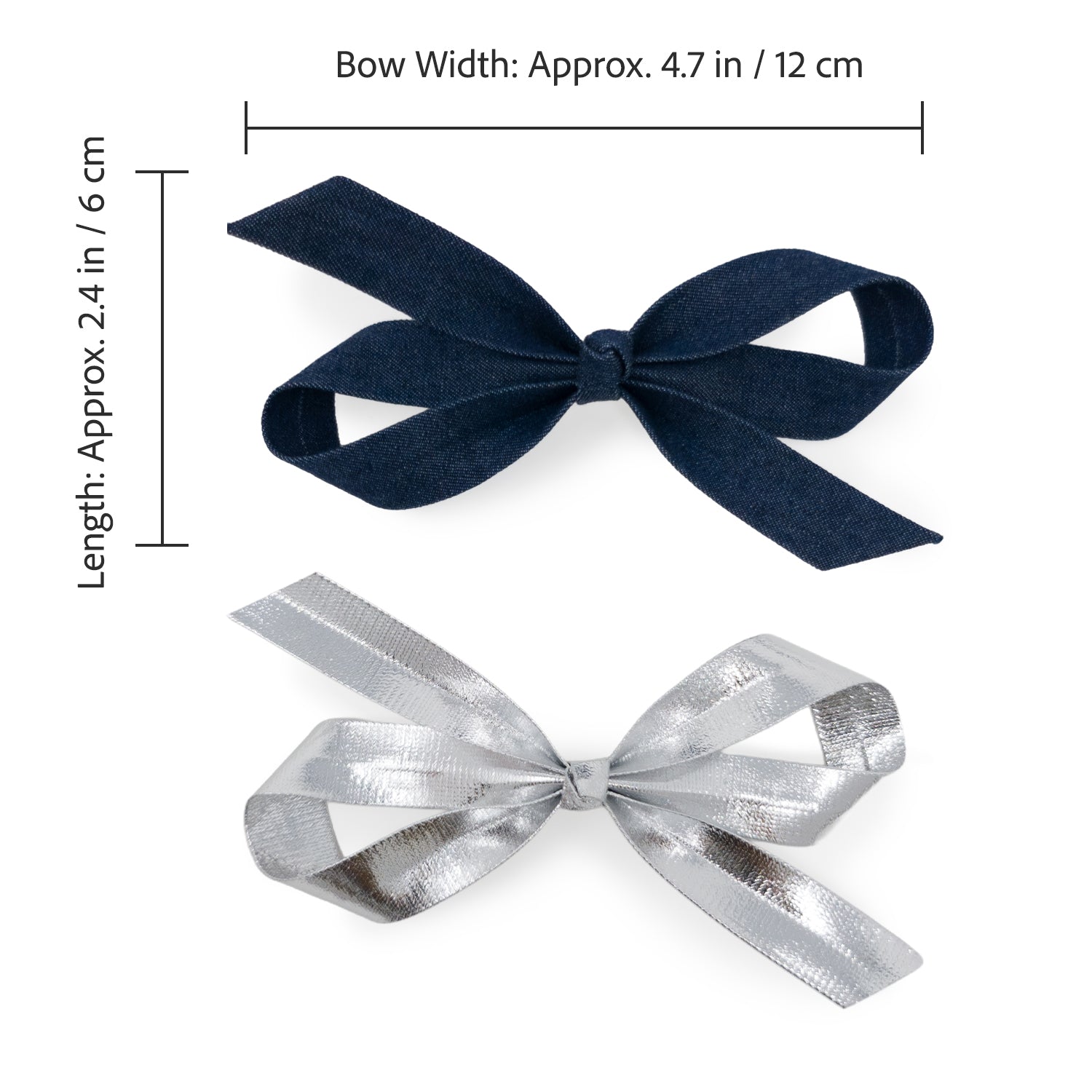 Bow Clip Set (2pc) includes a dark blue denim bow and a shiny silver ribbon bow, each approx. 4.7 x 2.4 inches.