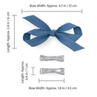 Bow Clip Set with one large light denim bow and two small silver metallic bows, displayed with measurements.