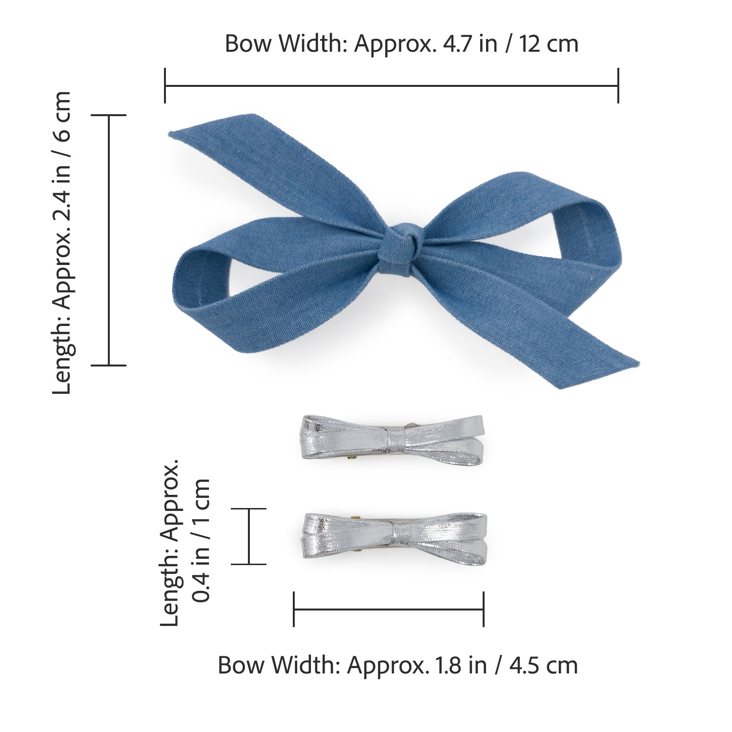 Bow Clip Set with one large light denim bow and two small silver metallic bows, displayed with measurements.
