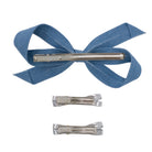 Bow Clip Set with one light denim bow clip and two smaller silver metallic bow clips.