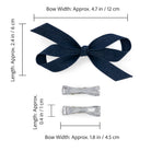 A three-piece bow clip set, featuring one large light denim bow and two smaller silver metallic bows, displayed with measurements.