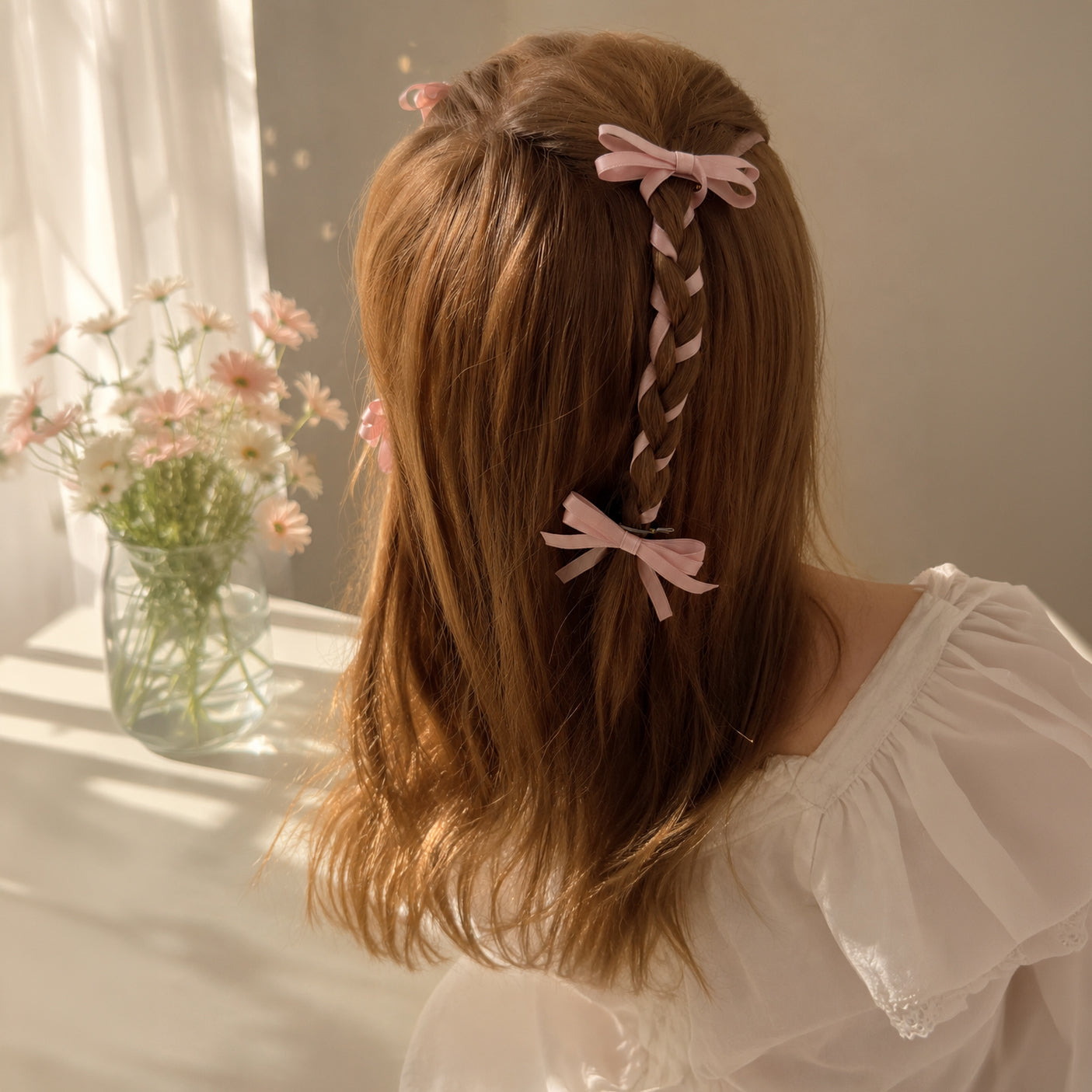 Pink ribbon bow clip set styled in long brown hair with a braided section, viewed from the back.