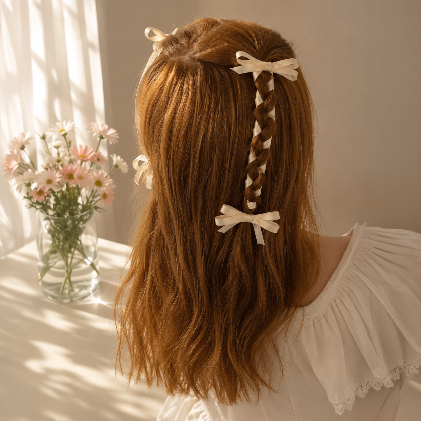 Four ivory ribbon bow clips styling long reddish-brown hair, with one braided into a single strand, worn with a white ruffled blouse.