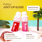 Two heart-patterned bottles of Puttisu juicy lip gloss on a faux beach scene.