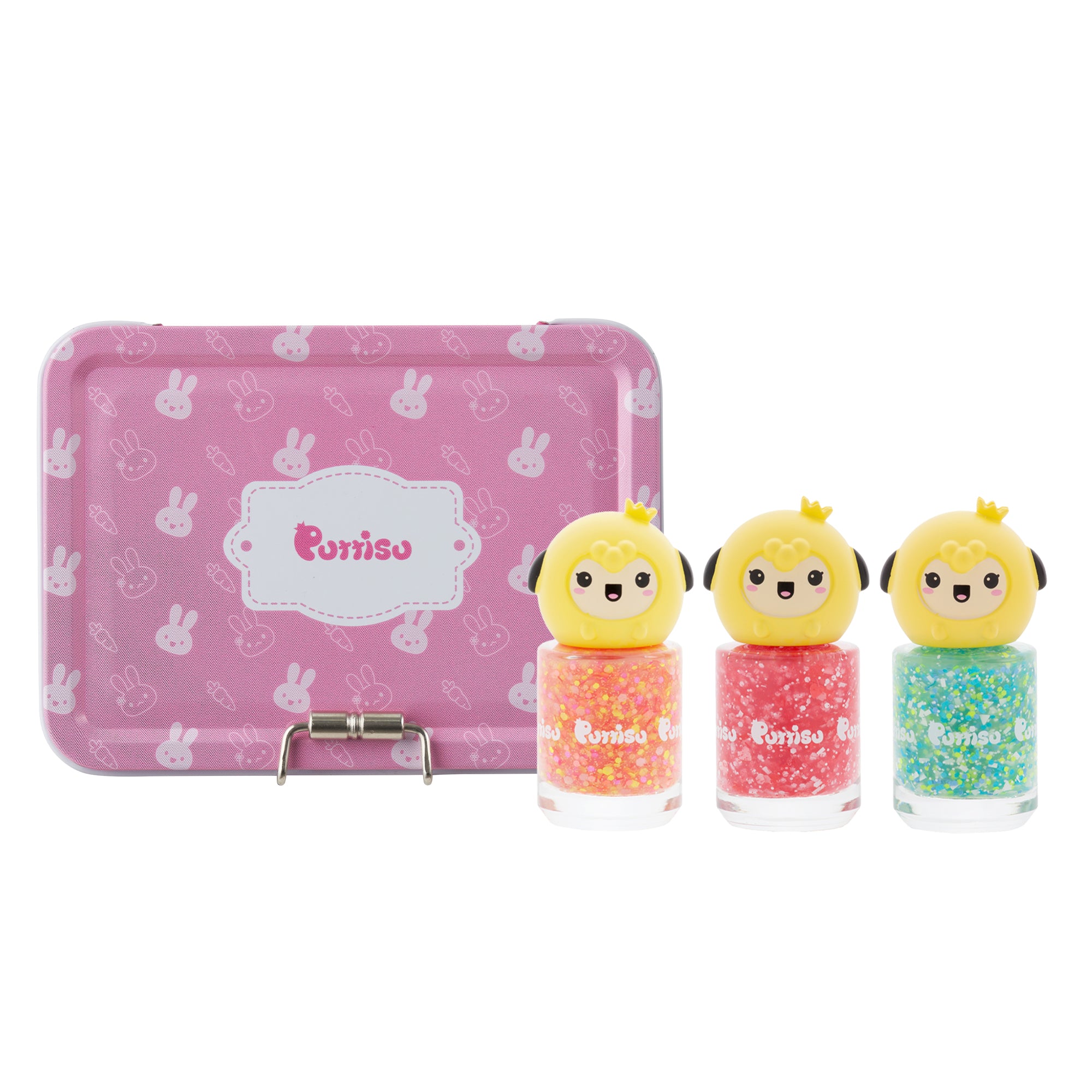 Set of three small bottles with cartoon characters and a pink case with bunny patterns on a white background