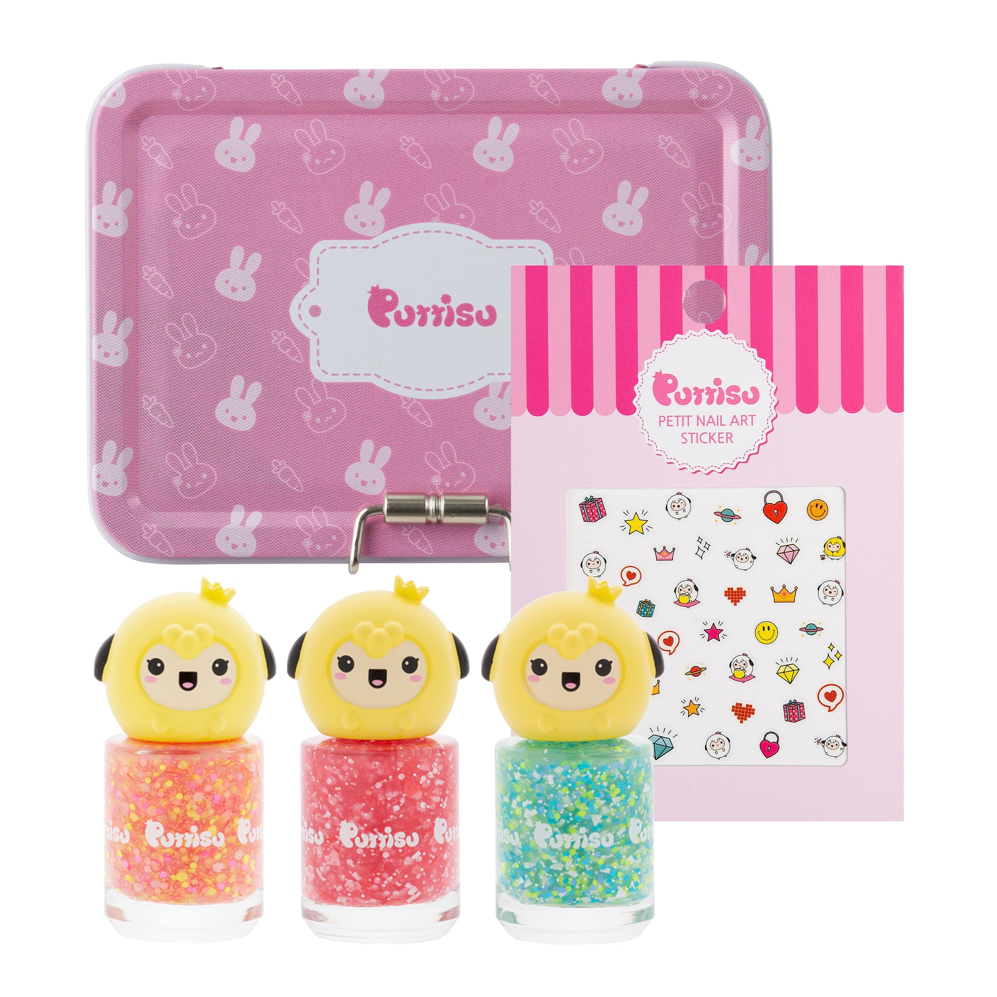 Pomiso nail art set with pink tin, nail polish bottles, and nail art stickers on a white background