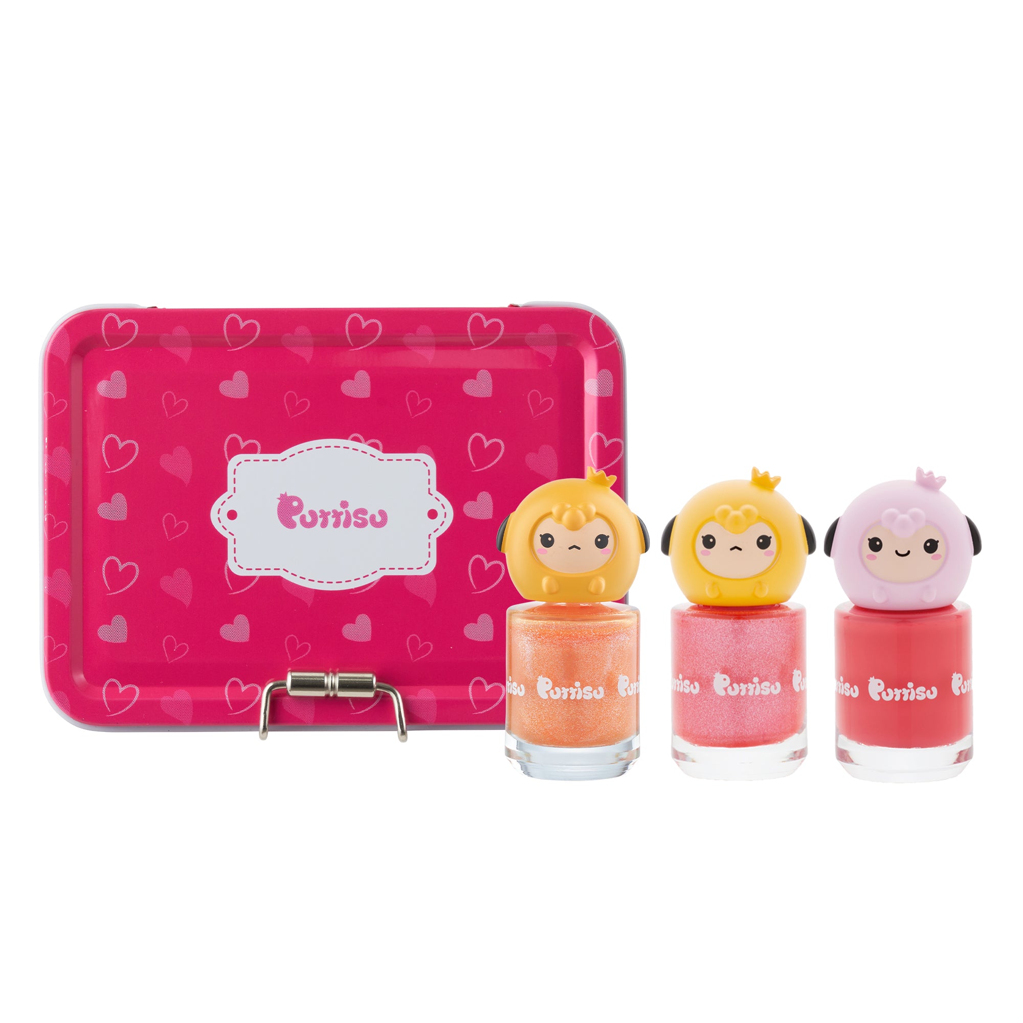 Three small bottles of nail polish with cartoon characters on a pink heart-patterned tray, featuring the brand 'Pomelo'.