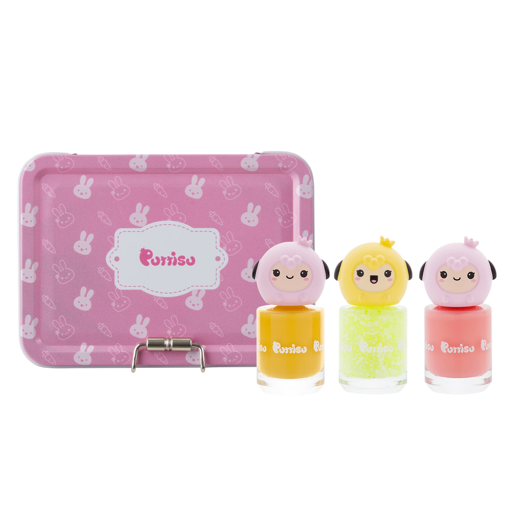 Set of three small bottles of nail polish with cartoon character caps, in front of a pink case with bunny patterns.