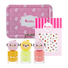 Pomiso nail polish set with a pink tin and nail art stickers on a white background