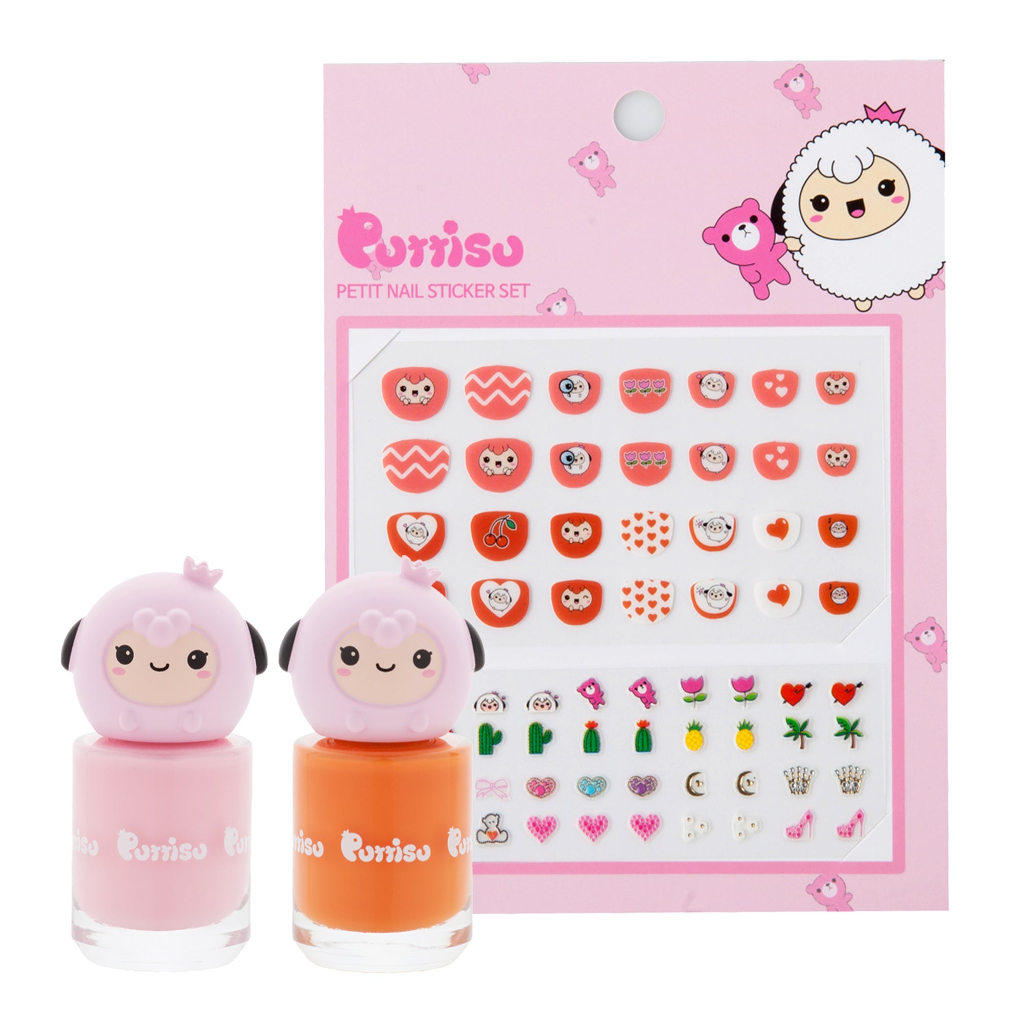 Two small bottles of nail polish with a pink and orange color scheme, accompanied by a sheet of nail stickers featuring various designs on a pink background.