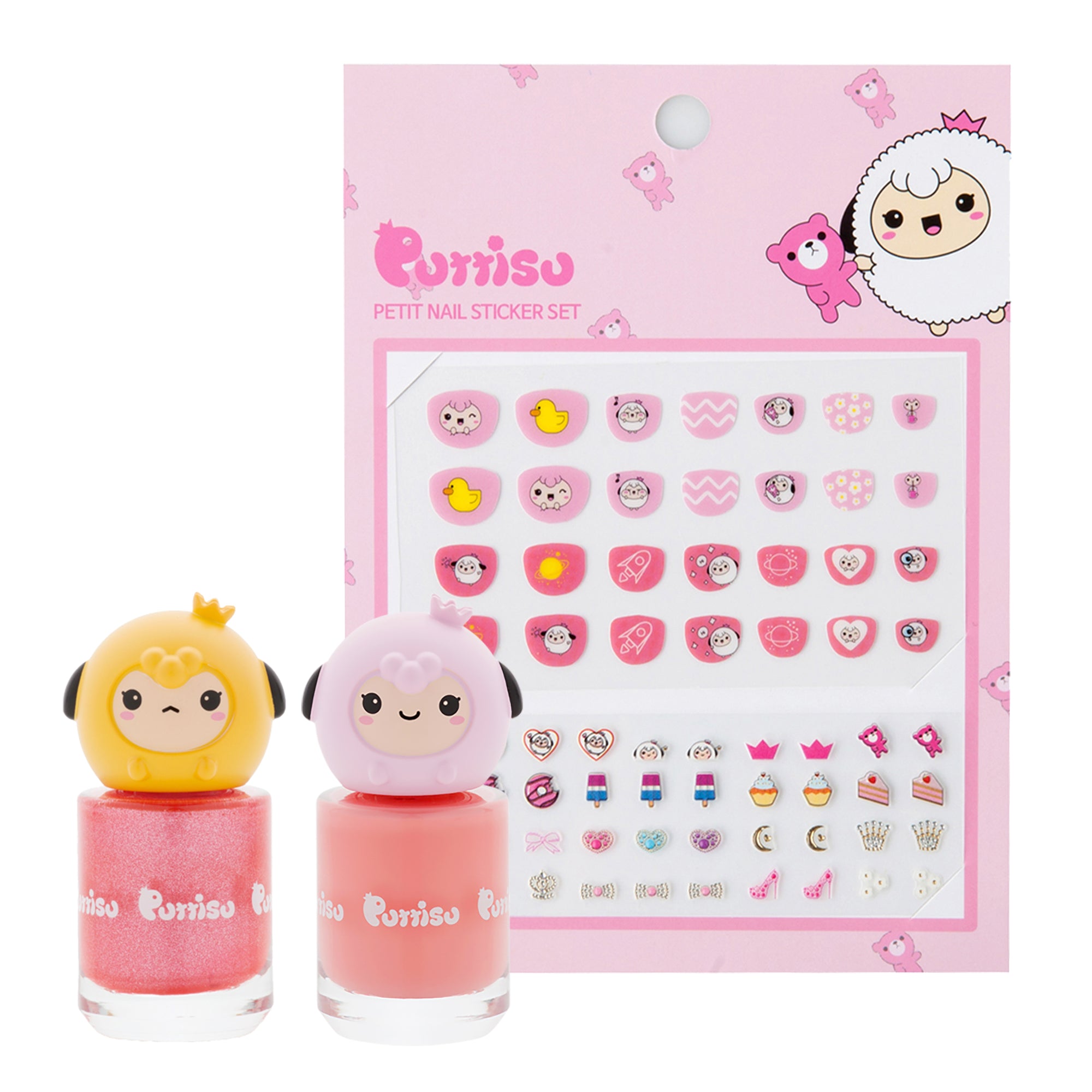 Two small bottles of pink nail polish with cartoon characters on a pink background featuring nail stickers.