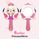 Two pink princess-themed hand mirrors. One side is decorated with a cartoon character; the other side features the mirror itself.