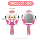 Front and back views of a pink hand mirror with cartoon sheep character design and dimensions.