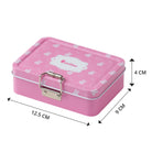Pink metal lunchbox with bunny design and size measurements.
