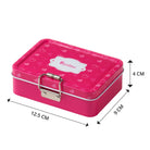 Pink rectangular metal container with hearts and dimensions.