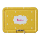 Yellow metal lunchbox with polka dots and clasp.
