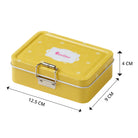 Yellow rectangular metal lunchbox with white polka dots and dimensions.
