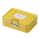 Yellow metal lunchbox with white polka dots.