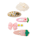 Set of six diverse hair clips including embroidered daisies, a pink bow, crocheted flowers, and a lace clip with pearls.