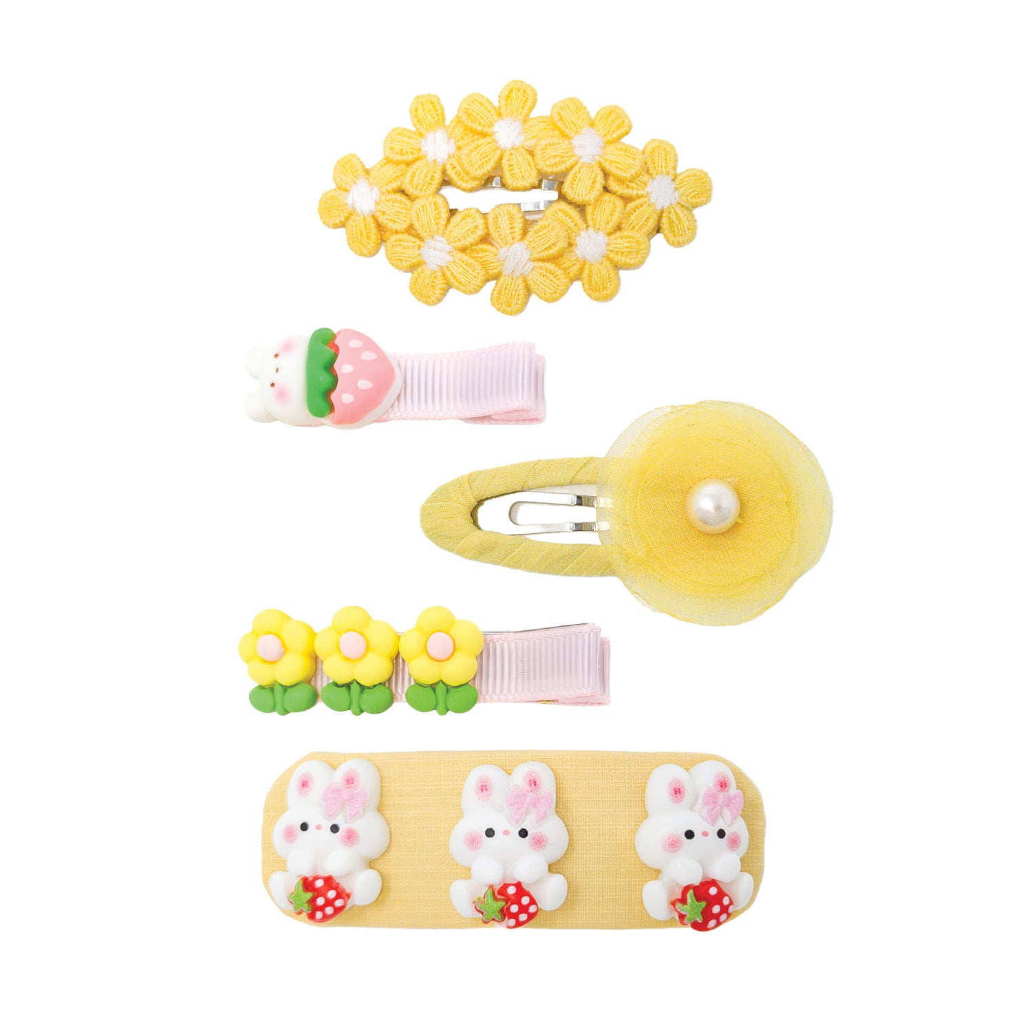 Set of 5 assorted hair clips with yellow flowers, white bunnies holding strawberries, and a pearl detail.