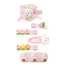 Set of 6 hair clips with puppy, bunny, and garden flower designs in various pink and white styles.