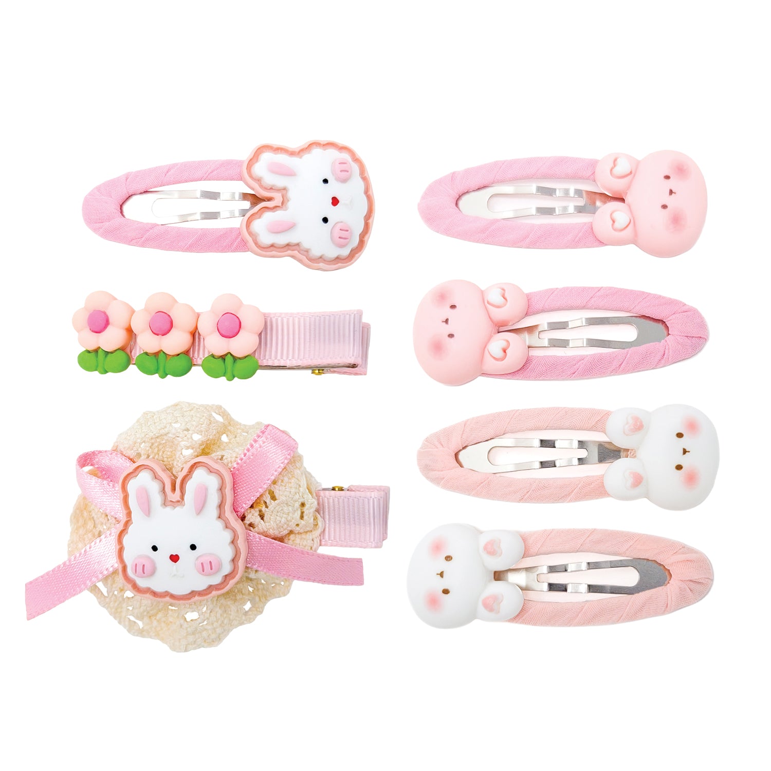 Set of 7 pink Bunny Hug hair clips with various pink and white bunny charms, pink flowers, and a lace-backed clip with ribbon.