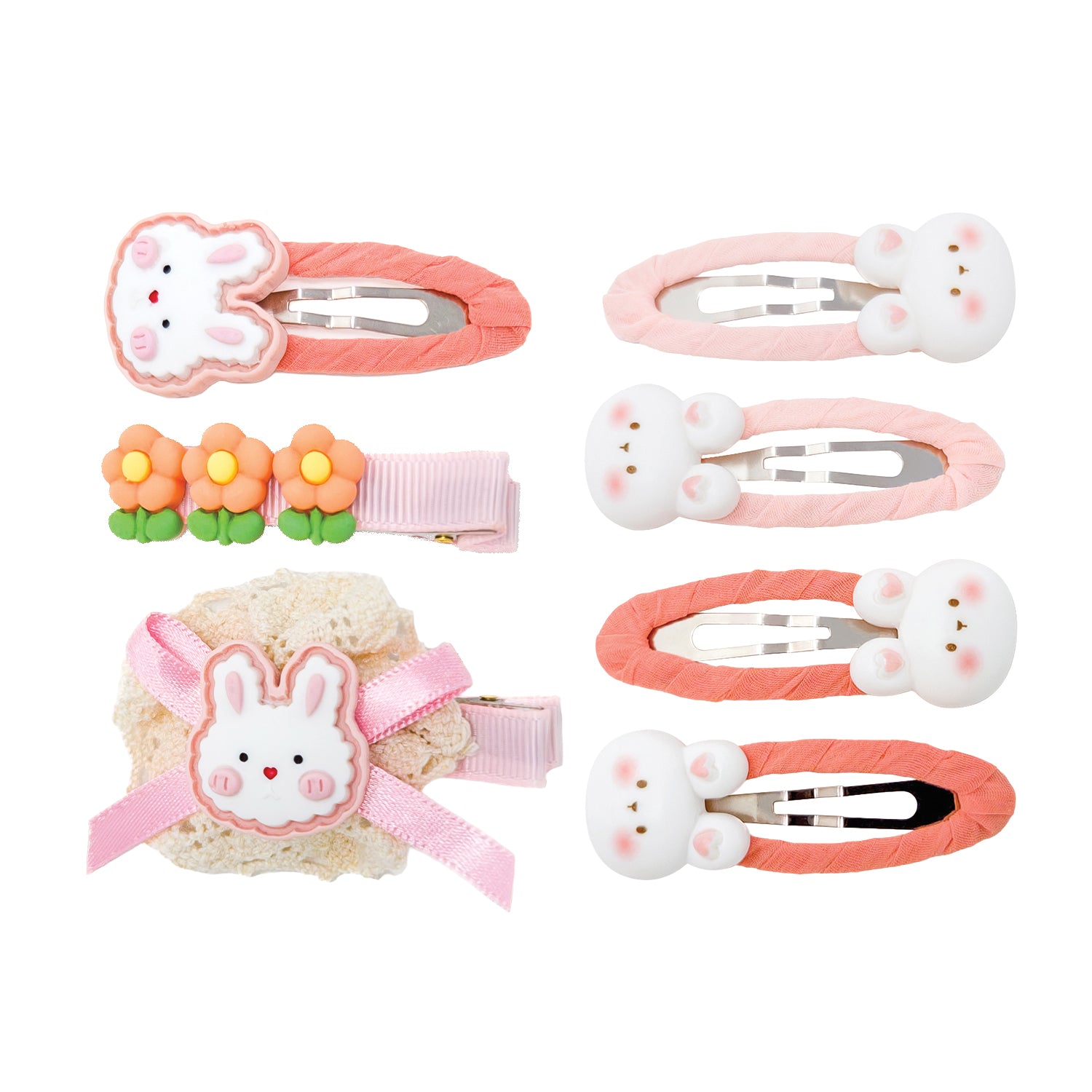 Seven Bunny Hug children's hair clips: a large bunny, a floral, a crocheted bunny, and four smaller oval bunny clips in pink and coral.