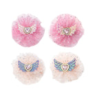 Set of 4 rose pink and ivory sparkle wings hair clips, made of sheer glitter mesh with iridescent angel wings and heart rhinestones.
