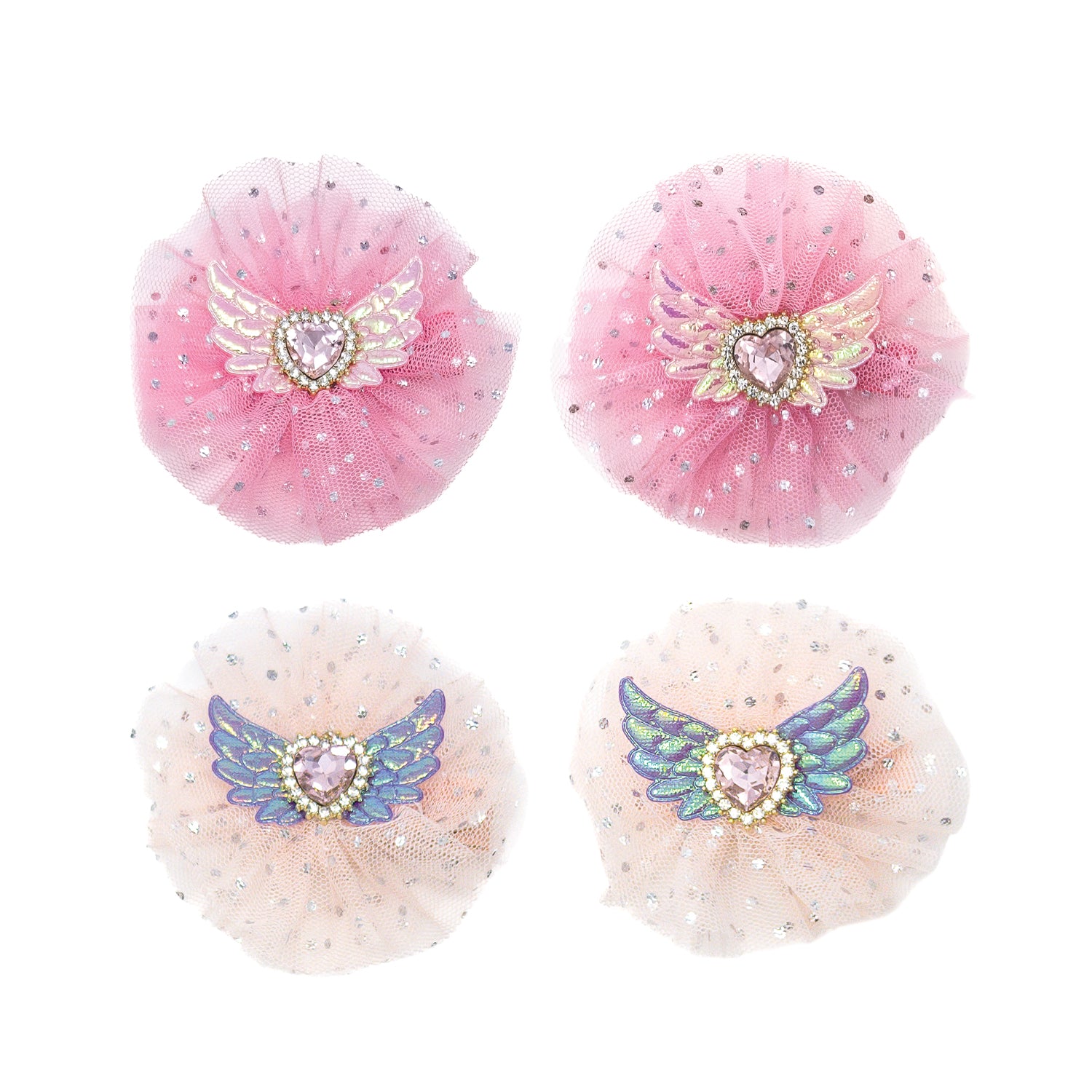 Set of 4 rose pink and ivory sparkle wings hair clips, made of sheer glitter mesh with iridescent angel wings and heart rhinestones.