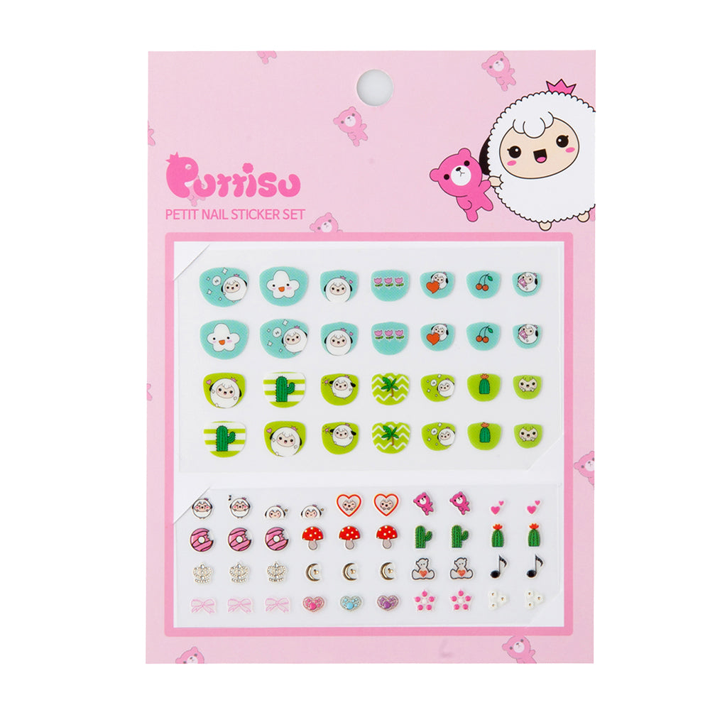 Pink package of Purriso petit nail stickers with colorful cartoon designs.